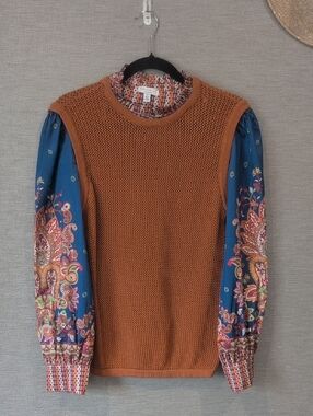 Current Air Rust Brown Knit Sweater with Patterned Sleeve Accents